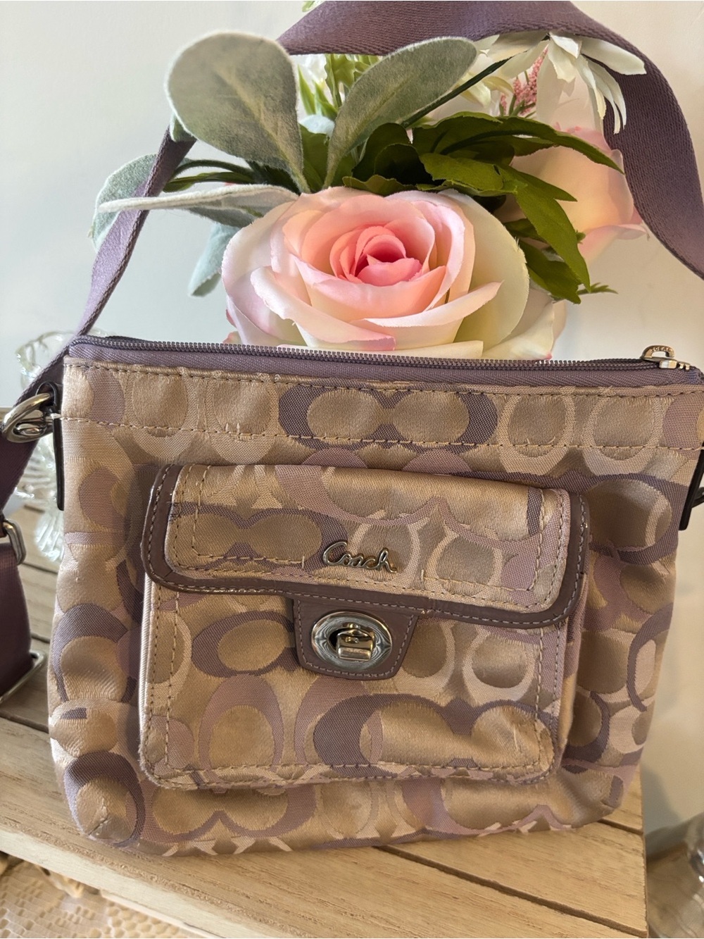 Coach Lavender and Beige Signature Crossbody Bag